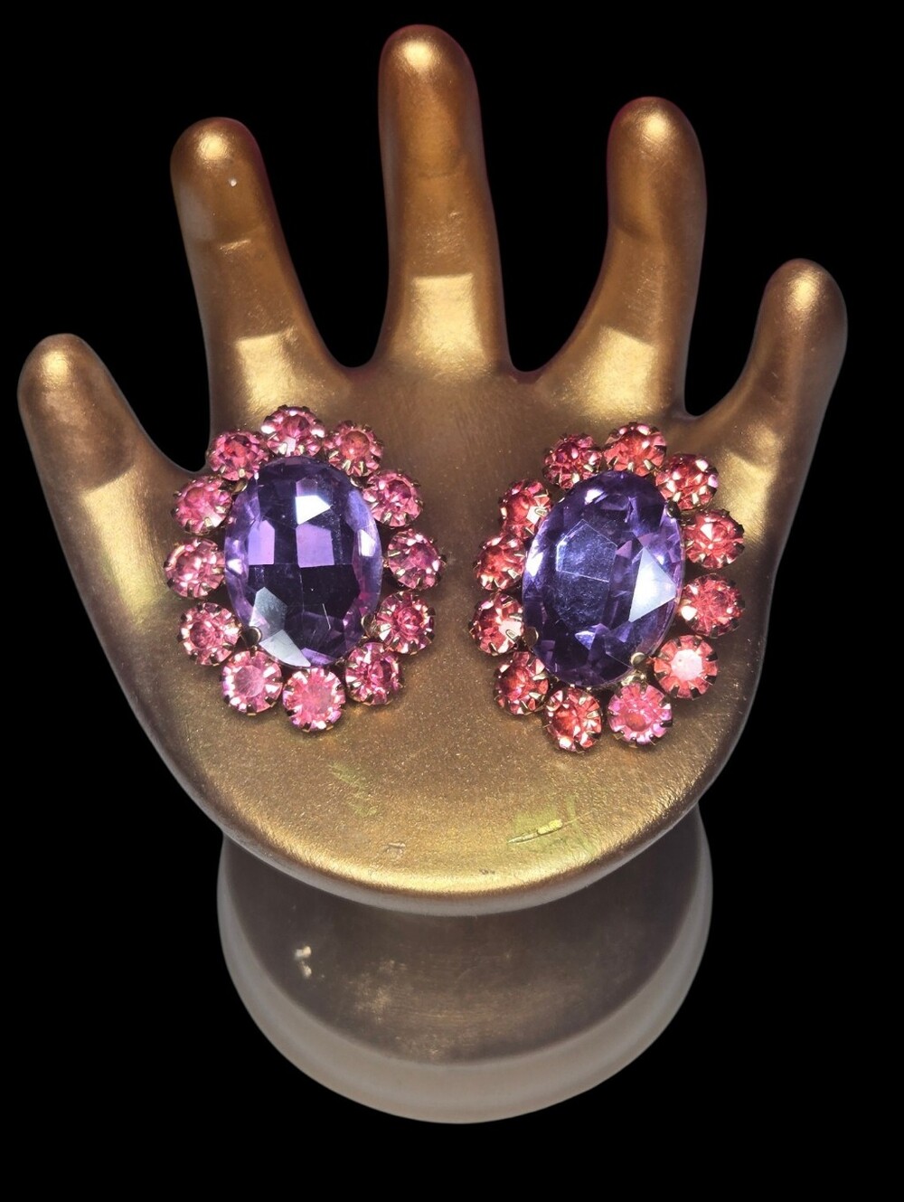 Vintage Mid-Century Lavender and Pink Rhinestone Cluster Statement Earrings